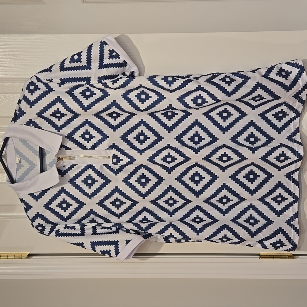 Men's Blue & White Geometric Print Zip-Up Top | Short Sleeve Casual Chic, 2XL - Picture 4 of 7